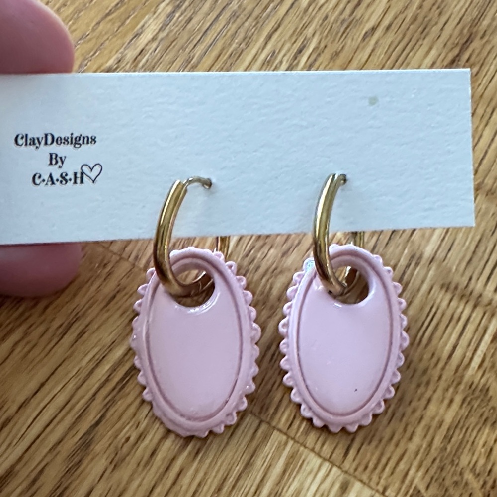 Pink Oval Earrings with Gold Hoops